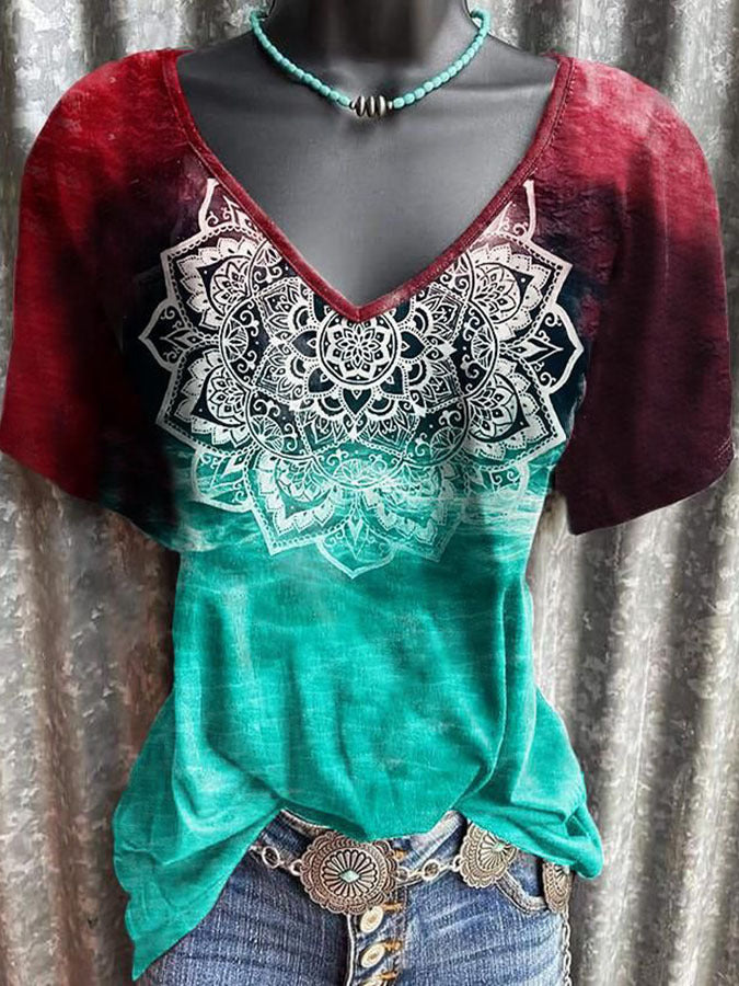 Women's Bohemian Print V-Neck Casual Short Sleeve T-Shirt