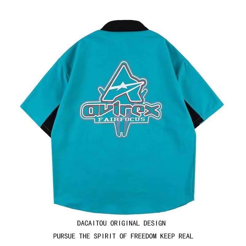 American Retro Heavy Industry Color Matching Racing Style Short Sleeve Shirt