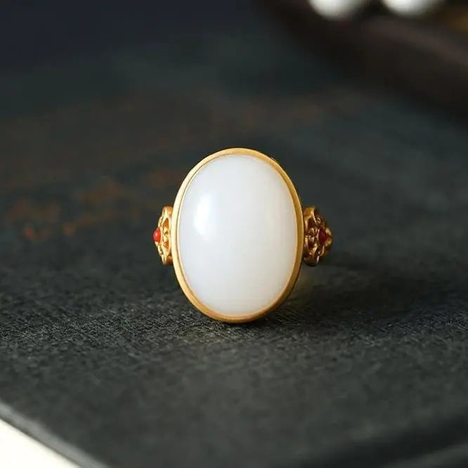 Hetian White Jade Oval Ring Gilding