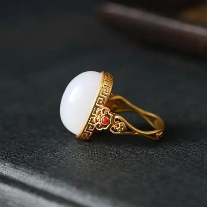 Hetian White Jade Oval Ring Gilding