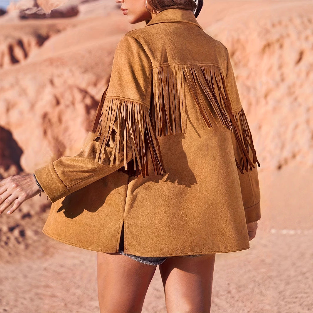 Women's Solid Color Western Style Suede Fringe Jacket Jacket