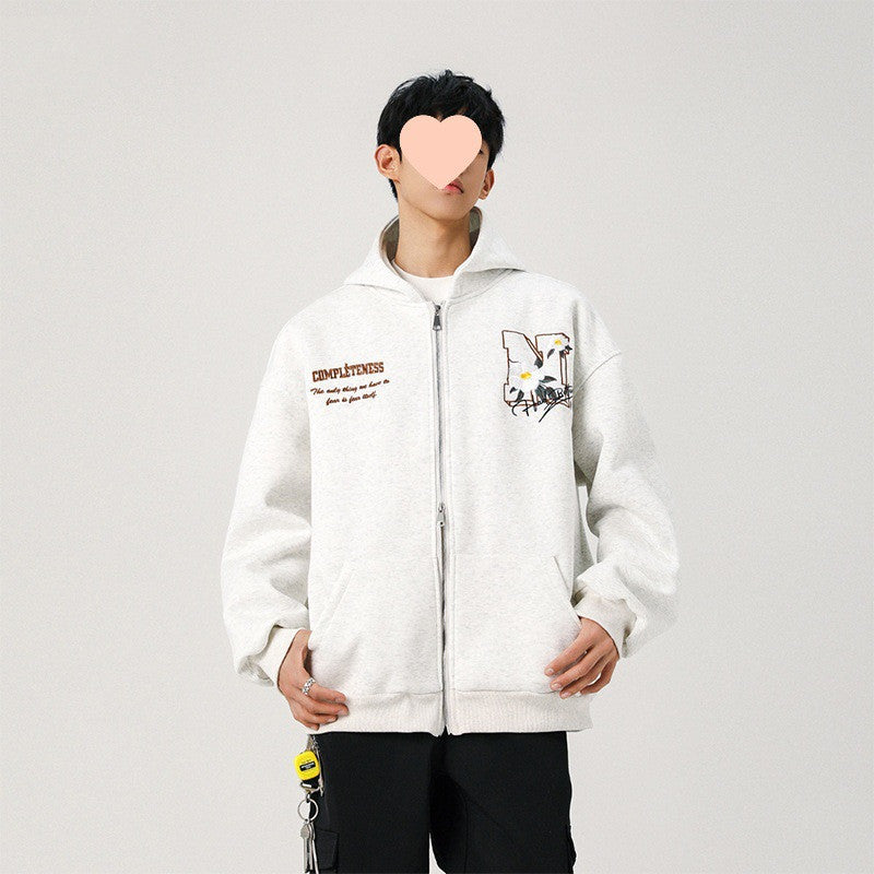 Embroidery Cardigan Hooded Sweatshirt Men's Coat