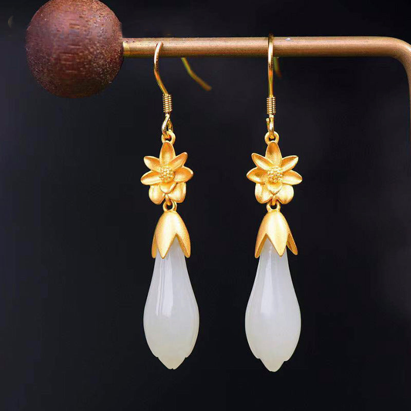 S925 Sterling Silver Style Magnolia Hetian White Jade Earrings Elegant Hanfu Earrings