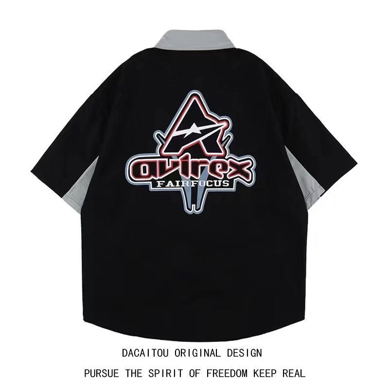 American Retro Heavy Industry Color Matching Racing Style Short Sleeve Shirt