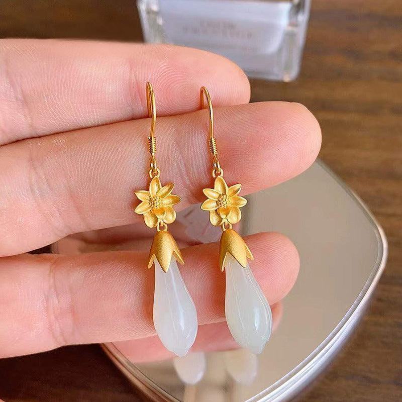 S925 Sterling Silver Style Magnolia Hetian White Jade Earrings Elegant Hanfu Earrings