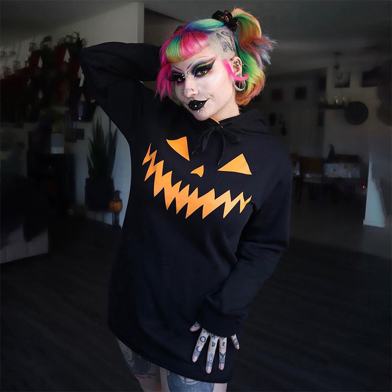 Halloween Costume Pumpkin Print Long Sleeve Hoodie Dress