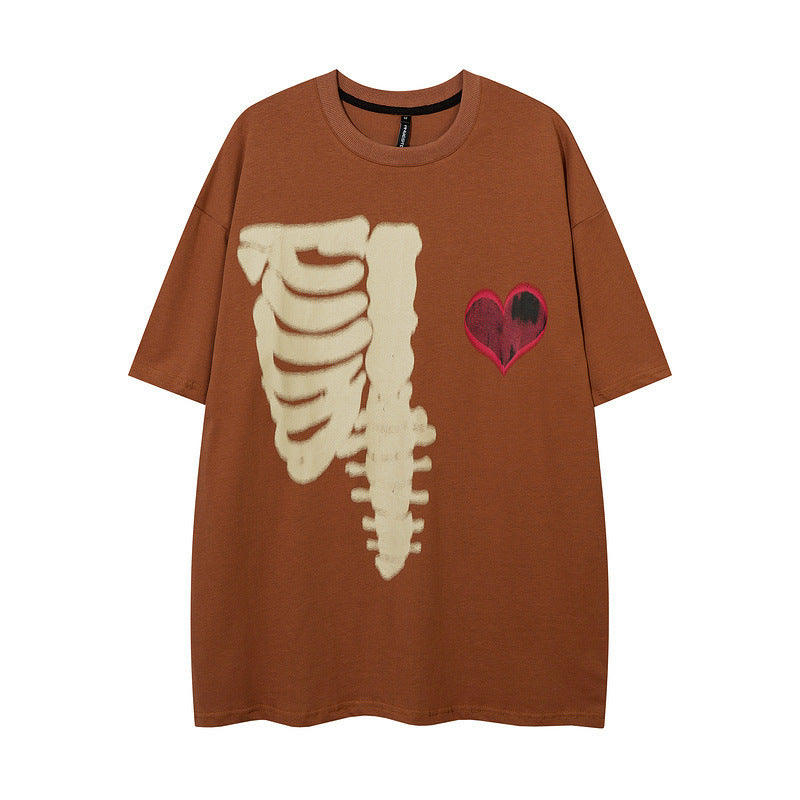 Skull Graffiti Dark Street Loose Brown Print Short Sleeve