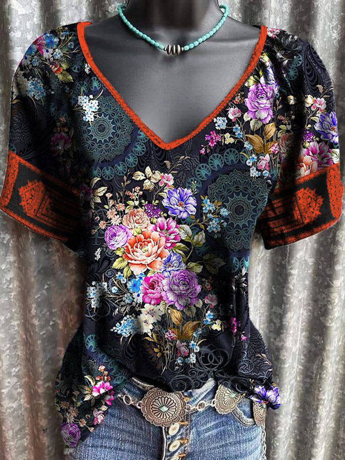 Women's Bohemian Print V-Neck Casual Short Sleeve T-Shirt