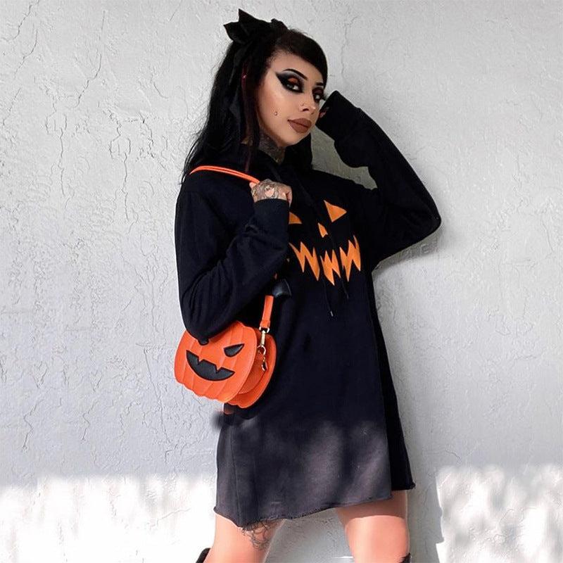 Halloween Costume Pumpkin Print Long Sleeve Hoodie Dress