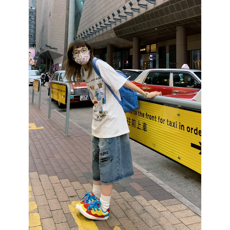 American Street Graffiti Printing Denim Middle Pants