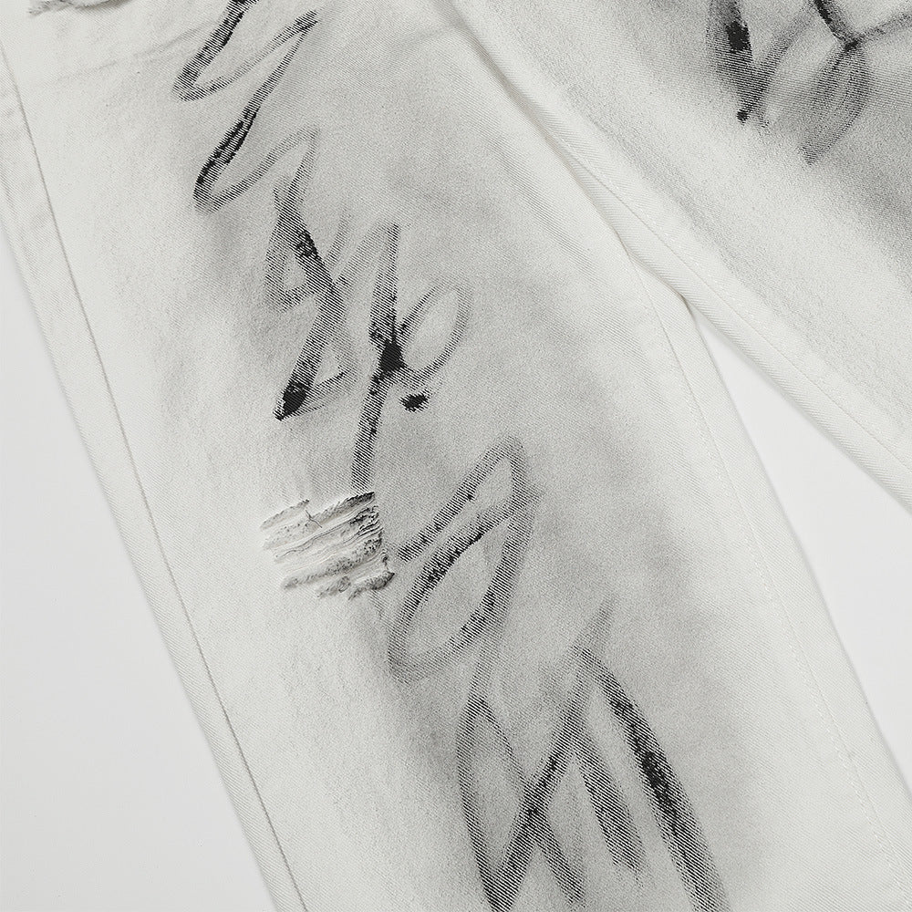 Men's American-style Graffiti Ripped Jeans