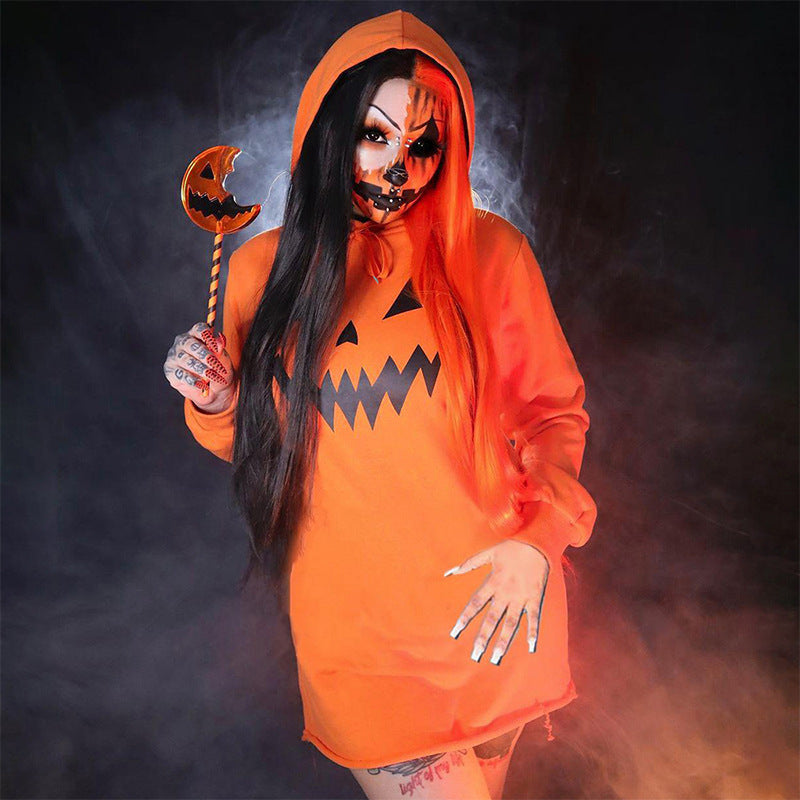 Halloween Costume Pumpkin Print Long Sleeve Hoodie Dress