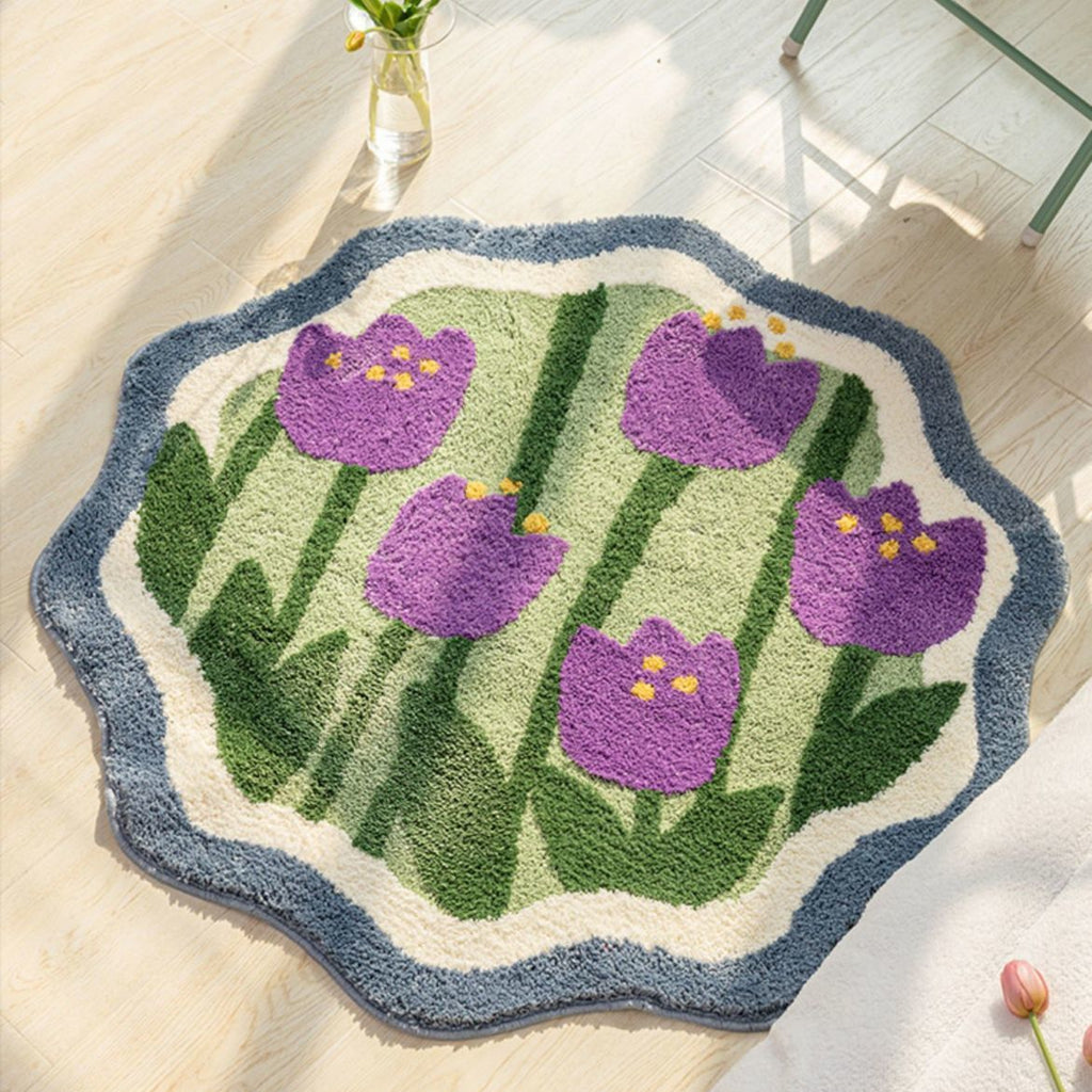 Soft Flower Round Bedside Rug Fluffy Plush Bedroom