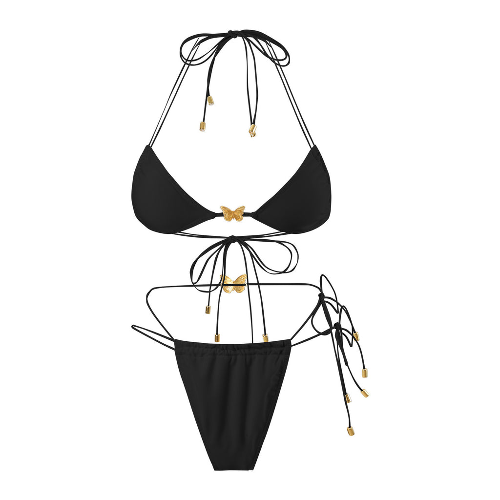 Elastic String Butterfly Ornament Sexy Split Triangle Bag Tied Swimsuit Women