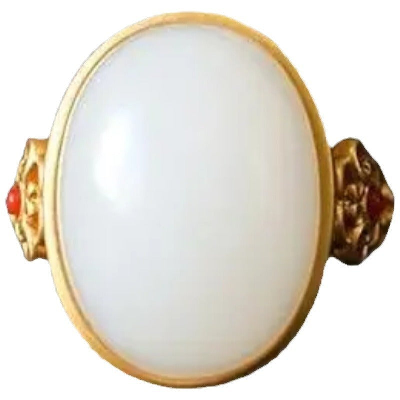 Hetian White Jade Oval Ring Gilding