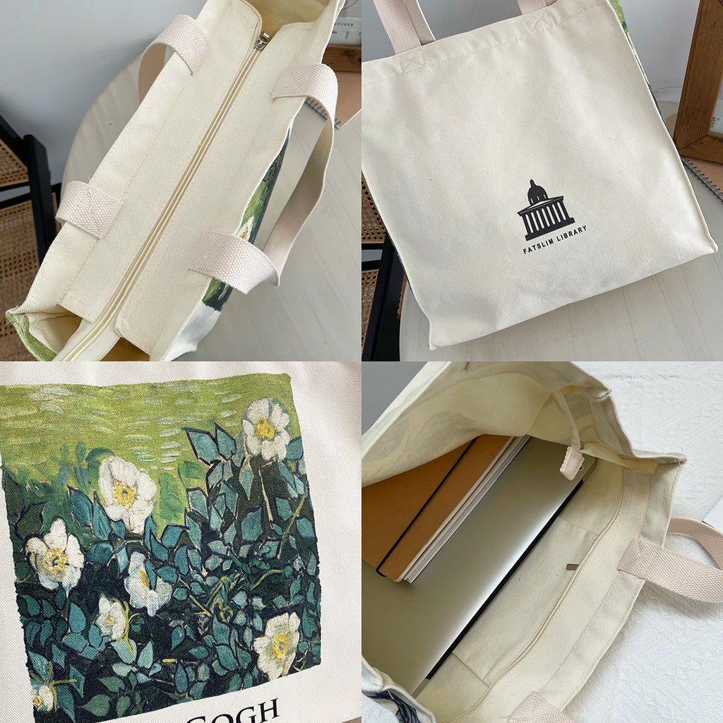 Wild Rose Oil Canvas Vintage Art Tote Bag Large Capacity