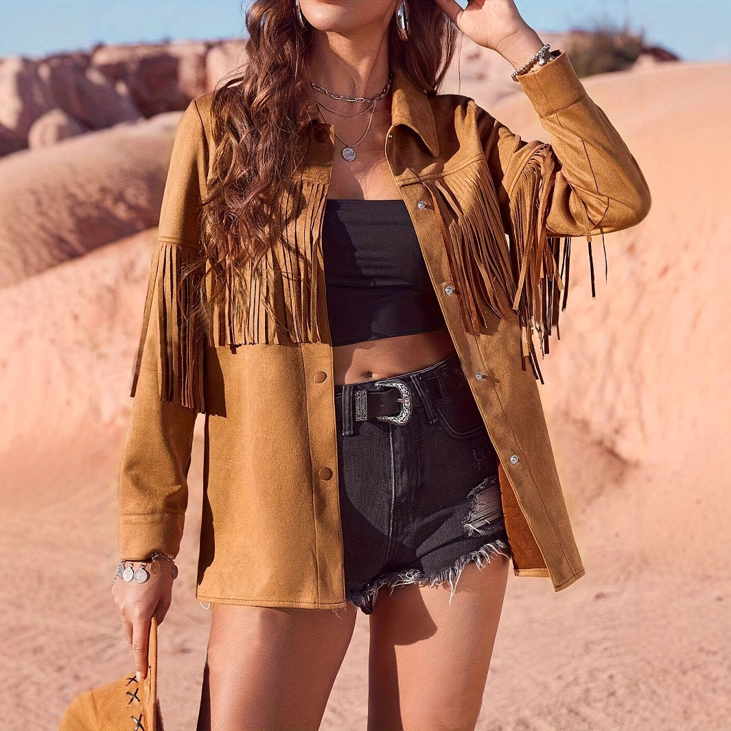 Women's Solid Color Western Style Suede Fringe Jacket Jacket