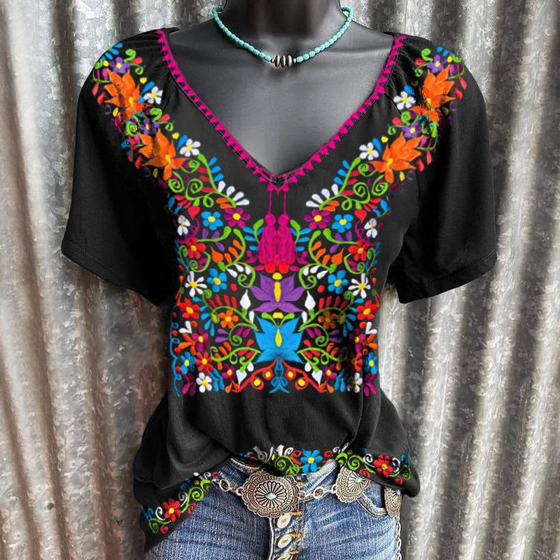 Women's Bohemian Print V-Neck Casual Short Sleeve T-Shirt