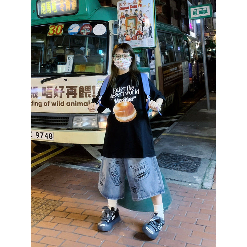 American Street Graffiti Printing Denim Middle Pants