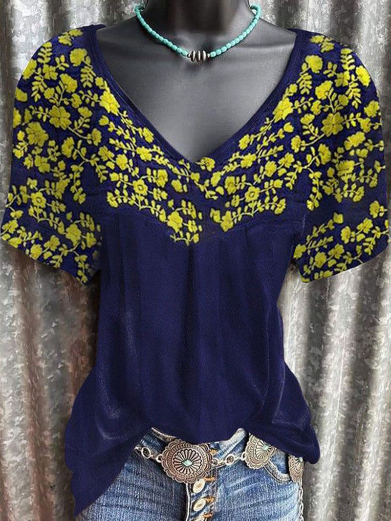 Women's Bohemian Print V-Neck Casual Short Sleeve T-Shirt