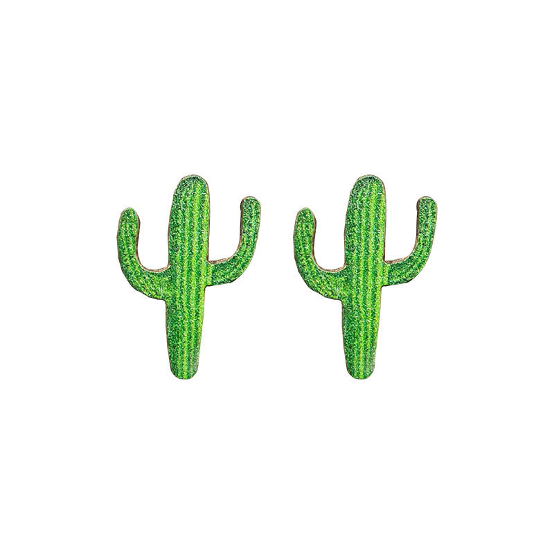 Wooden Cactus Stud Earrings Ethnic Style Leopard Print Lightning Cow Stud Earrings