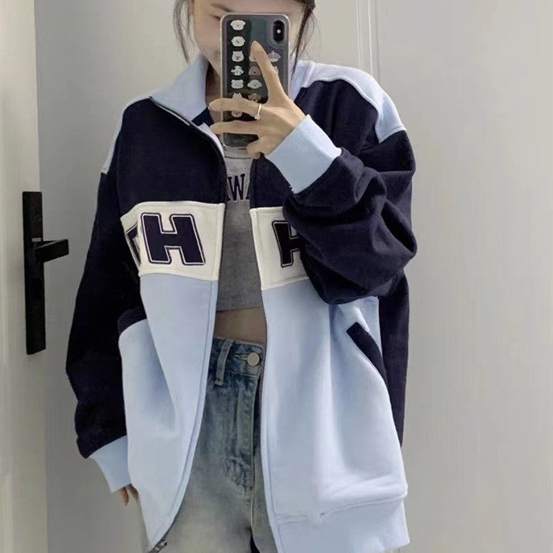 American Retro Contrast Color Sweatshirt Women's Spring And Autumn Fleece Thick Loose
