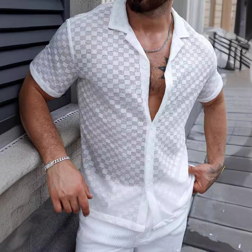 Men's Solid Color Lace Hollow Comfort Casual Shirt