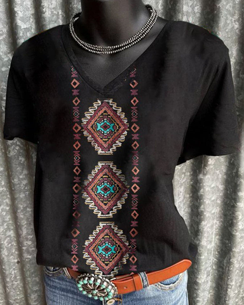 Women's Bohemian Print V-Neck Casual Short Sleeve T-Shirt