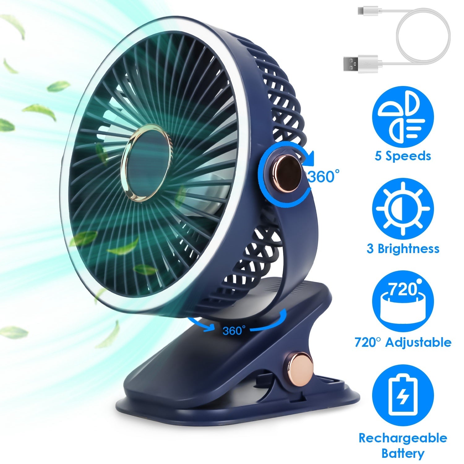 3 Color Options -- 1Pc Portable Quiet Clip On Fan With 5 Speeds 3 Brightness 720 Degree Fully Adjustable Angle Type-C Rechargeable Clip Desk Wall Mounted Fan For Camping Office Home Dorm Stroller Car