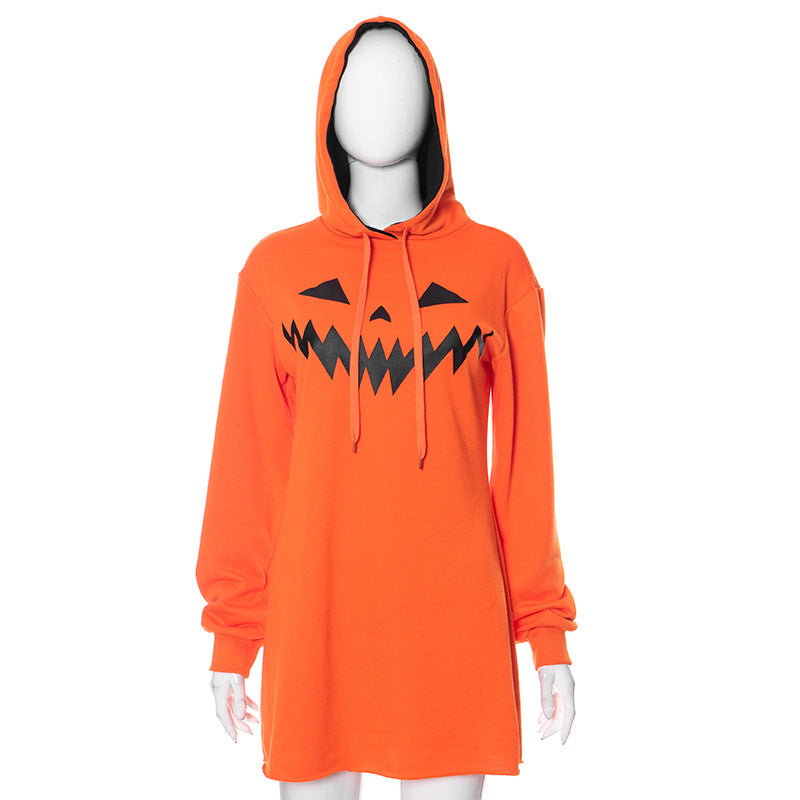 Halloween Costume Pumpkin Print Long Sleeve Hoodie Dress