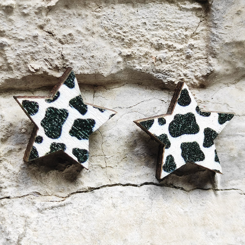 Wooden Cactus Stud Earrings Ethnic Style Leopard Print Lightning Cow Stud Earrings
