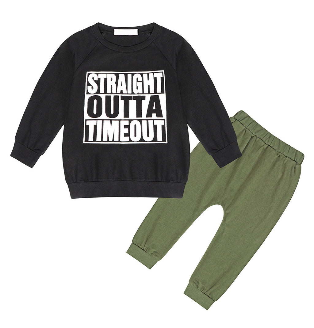 Autumn Boy Letter Print Sweatshirt Army Green Trousers Suit
