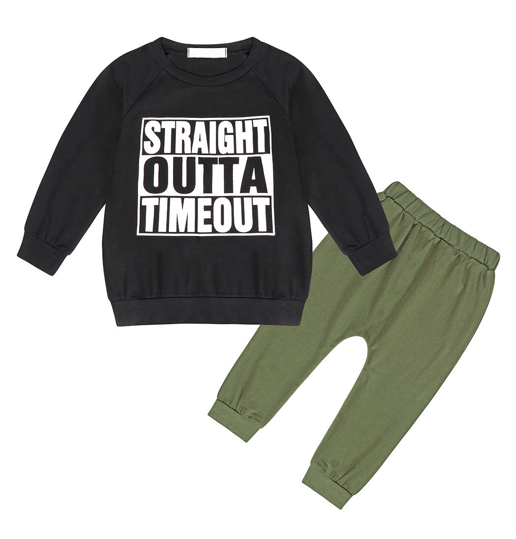 Autumn Boy Letter Print Sweatshirt Army Green Trousers Suit