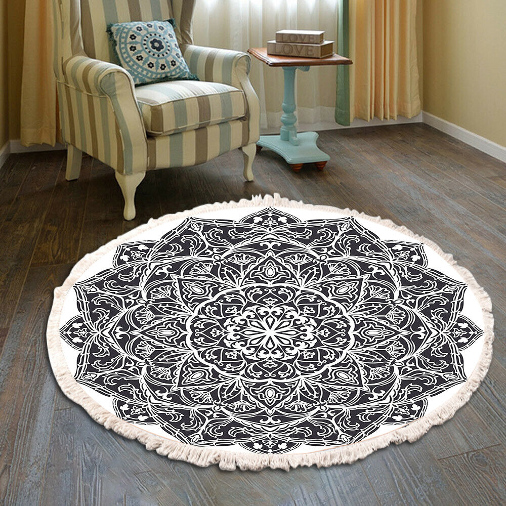 Cotton Linen Vintage Bedroom Fringe Print Round Rug
