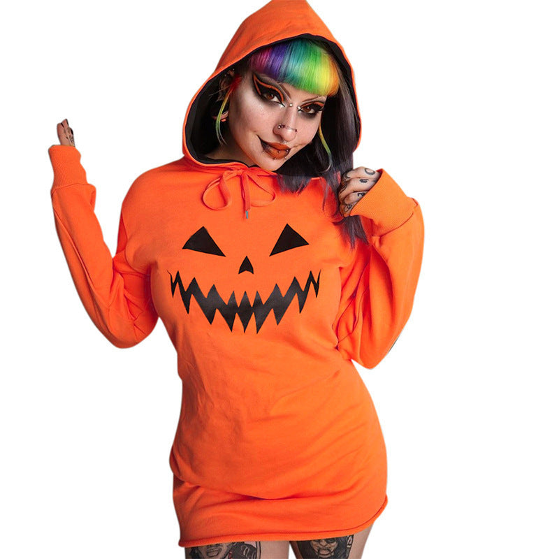 Halloween Costume Pumpkin Print Long Sleeve Hoodie Dress