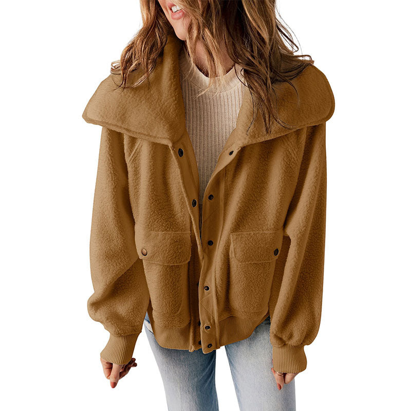 Casual Cardigan Breasted Jacket Women's Warm Plush Long Sleeve Jacket