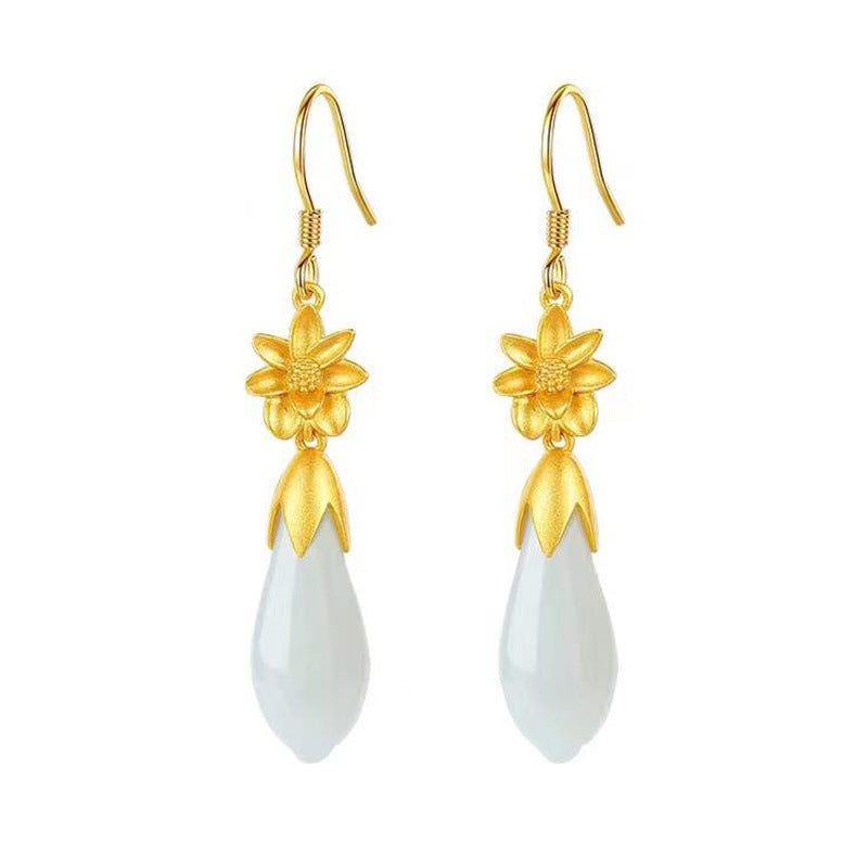 S925 Sterling Silver Style Magnolia Hetian White Jade Earrings Elegant Hanfu Earrings