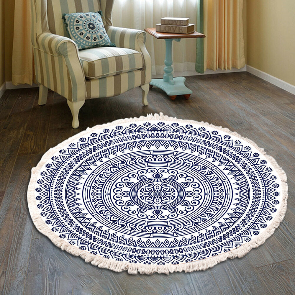 Cotton Linen Vintage Bedroom Fringe Print Round Rug