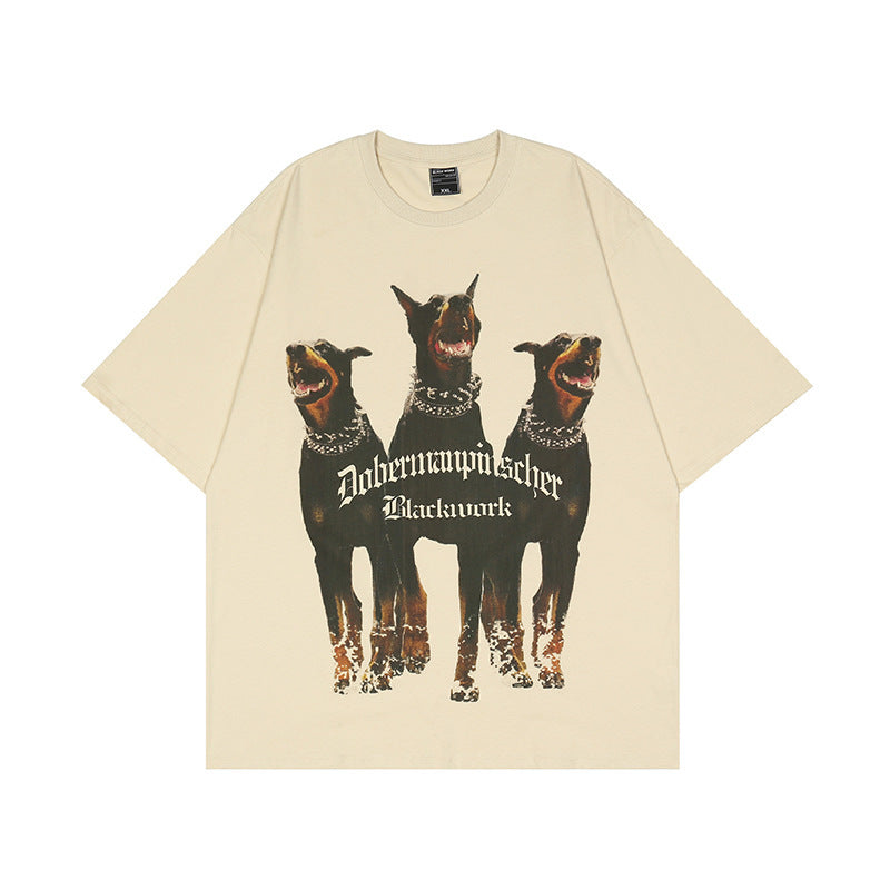 Street Ins Style Hound Print High Street Retro Washed Distressed Loose Hip Hop Short Sleeves