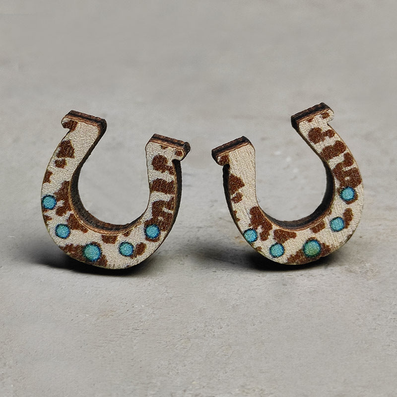 Wooden Cactus Stud Earrings Ethnic Style Leopard Print Lightning Cow Stud Earrings