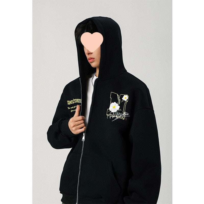 Embroidery Cardigan Hooded Sweatshirt Men's Coat
