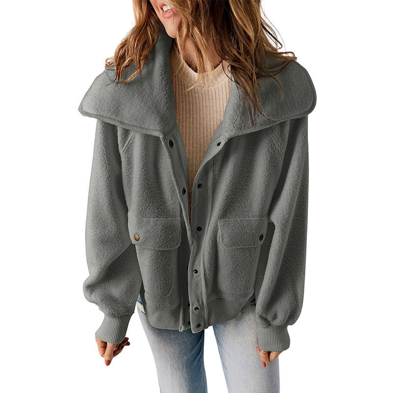 Casual Cardigan Breasted Jacket Women's Warm Plush Long Sleeve Jacket
