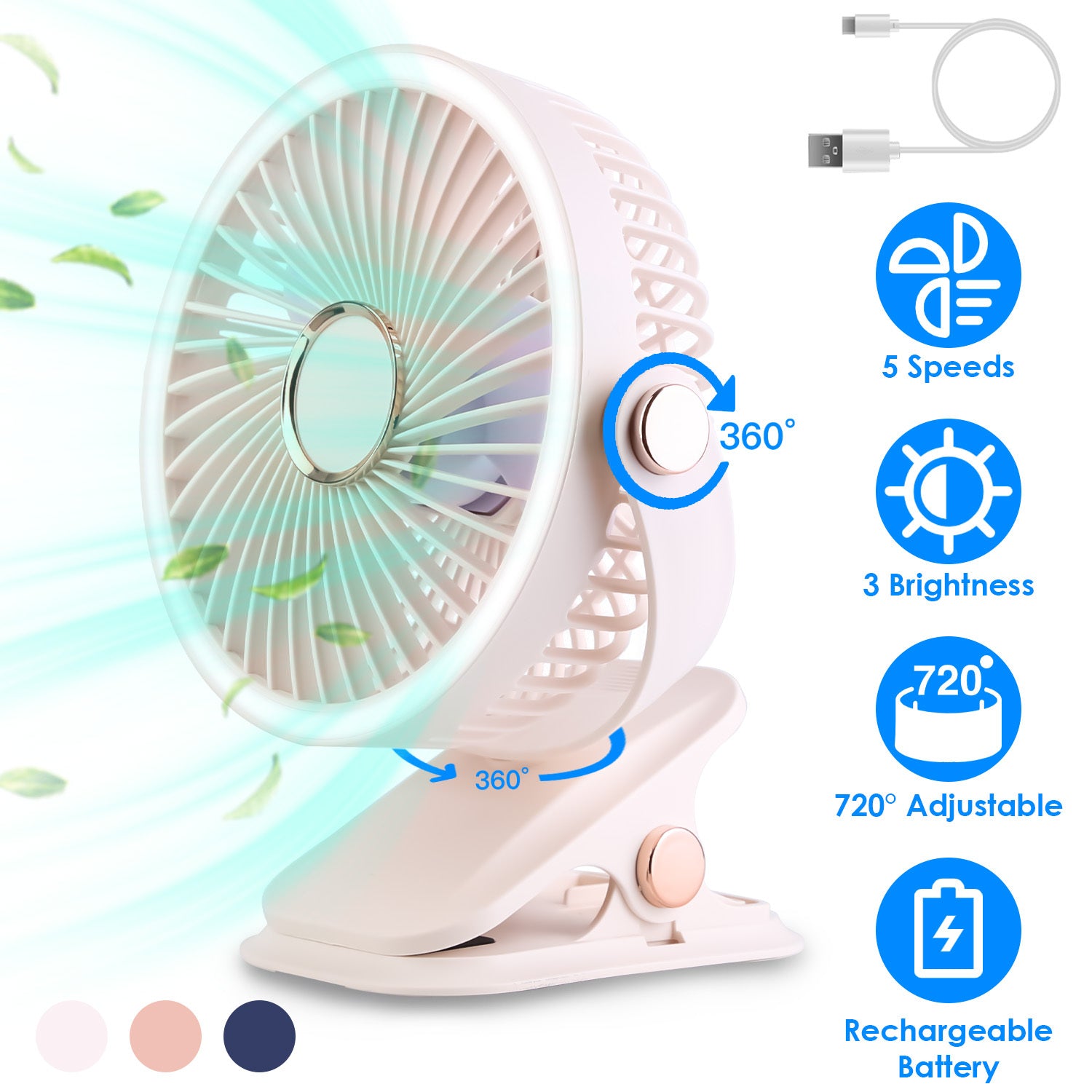 3 Color Options -- 1Pc Portable Quiet Clip On Fan With 5 Speeds 3 Brightness 720 Degree Fully Adjustable Angle Type-C Rechargeable Clip Desk Wall Mounted Fan For Camping Office Home Dorm Stroller Car