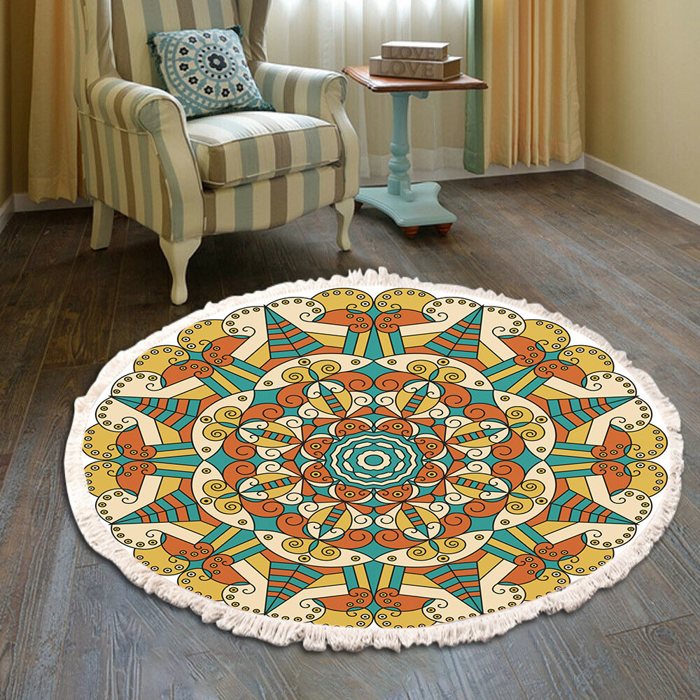 Cotton Linen Vintage Bedroom Fringe Print Round Rug