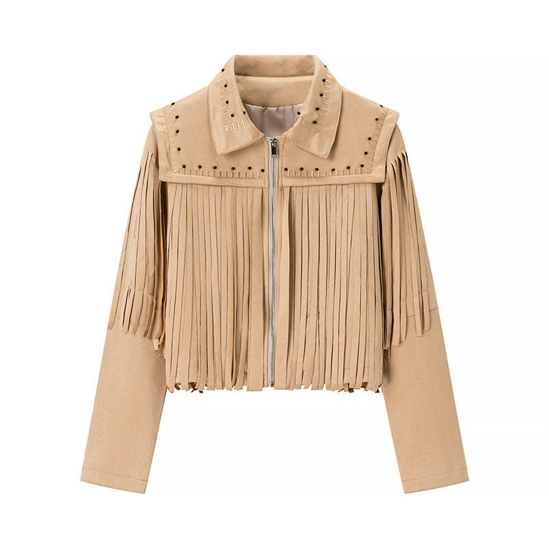 Retro Short Tassel Rivets Leather Jacket
