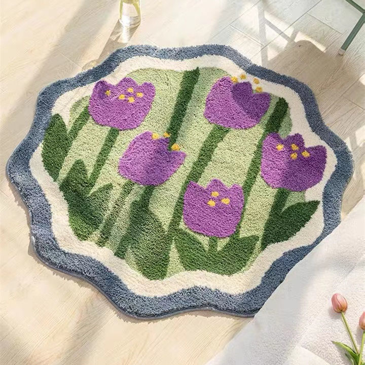 Soft Flower Round Bedside Rug Fluffy Plush Bedroom