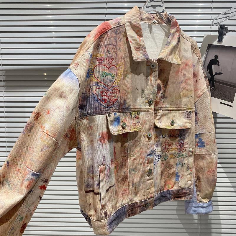 New Style Graffiti Painted Embroidered Letters Street Denim Jacket Short Coat Women