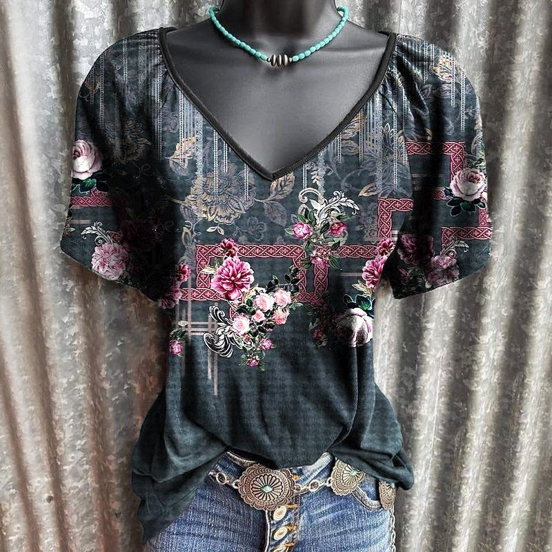 Women's Bohemian Print V-Neck Casual Short Sleeve T-Shirt
