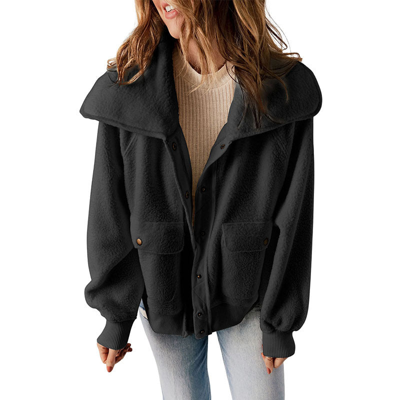 Casual Cardigan Breasted Jacket Women's Warm Plush Long Sleeve Jacket