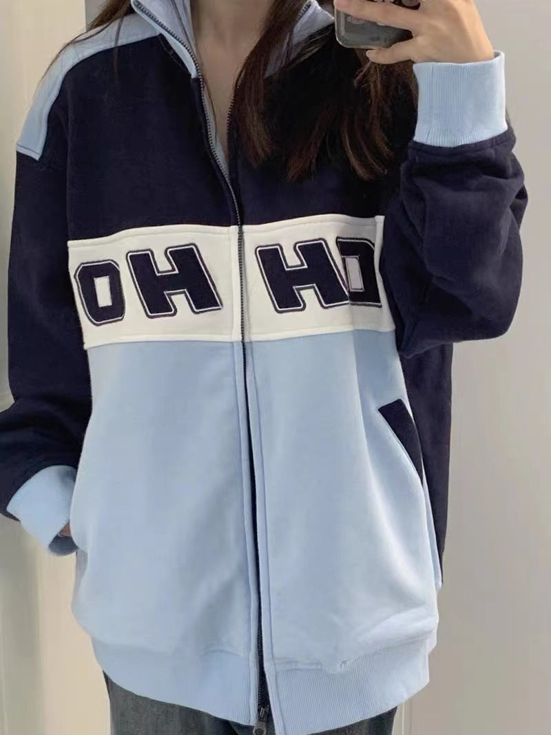 American Retro Contrast Color Sweatshirt Women's Spring And Autumn Fleece Thick Loose
